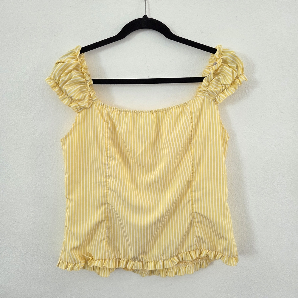Sunny Yellow White Striped Puff Sleeve Blouse Size Large - Picture 10 of 16